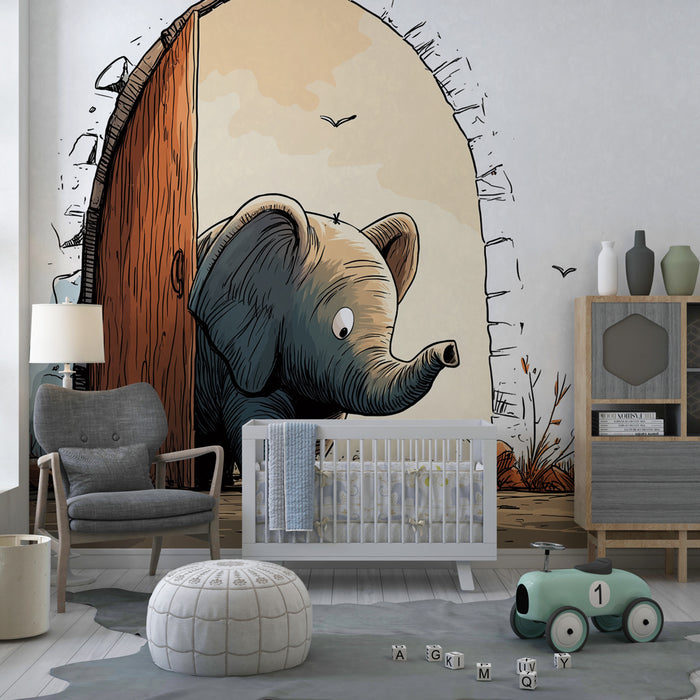 Papel de parede quarto bebê | Pequeno elefante curioso à porta