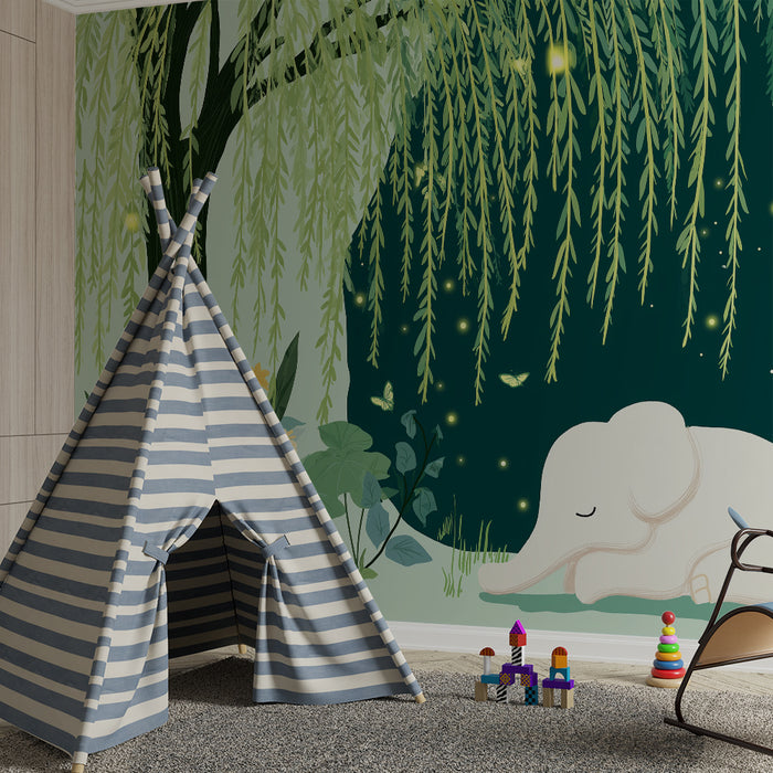 Nursery room wallpaper | Sleepy little elephant under a weeping willow