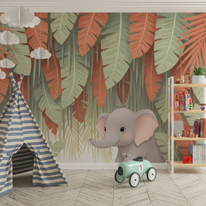 Papier de parede quarto bebê | Pequeno elefante e folhagem tropical