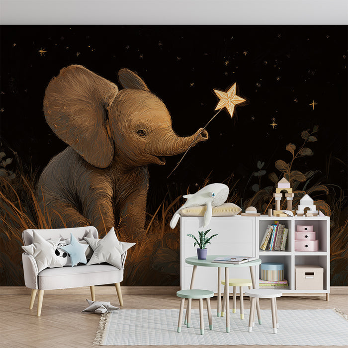 Lastenhuoneen tapetti | Unelmoiva pieni elefantti tähtitaivaan alla