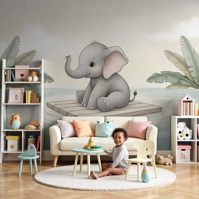 Papier peint chambre bébé | Petit éléphant sur un radeau