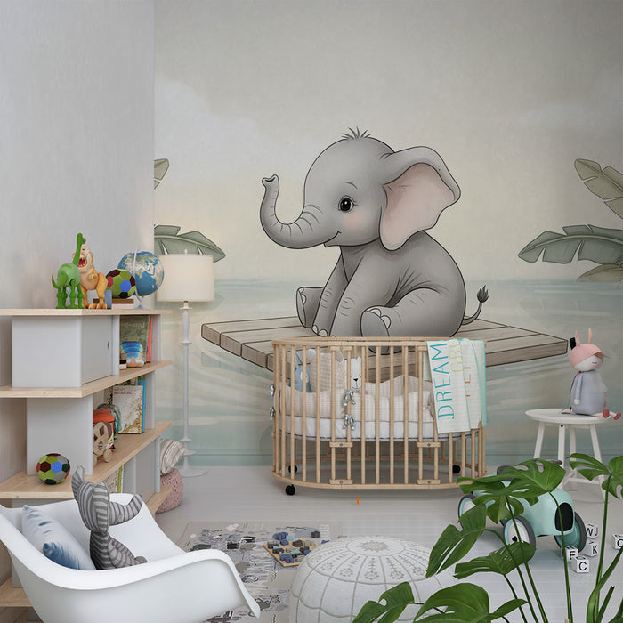 Papier peint chambre bébé | Petit éléphant sur un radeau