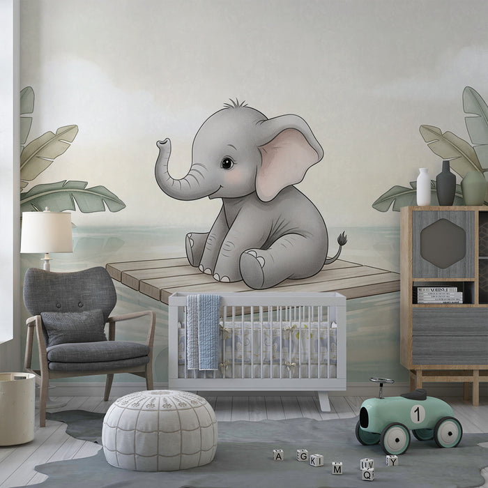 Papier peint chambre bébé | Petit éléphant sur un radeau