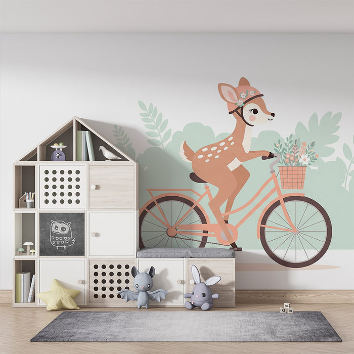 Papier de parede za bebe | Mali jelen na biciklu s cvijećem