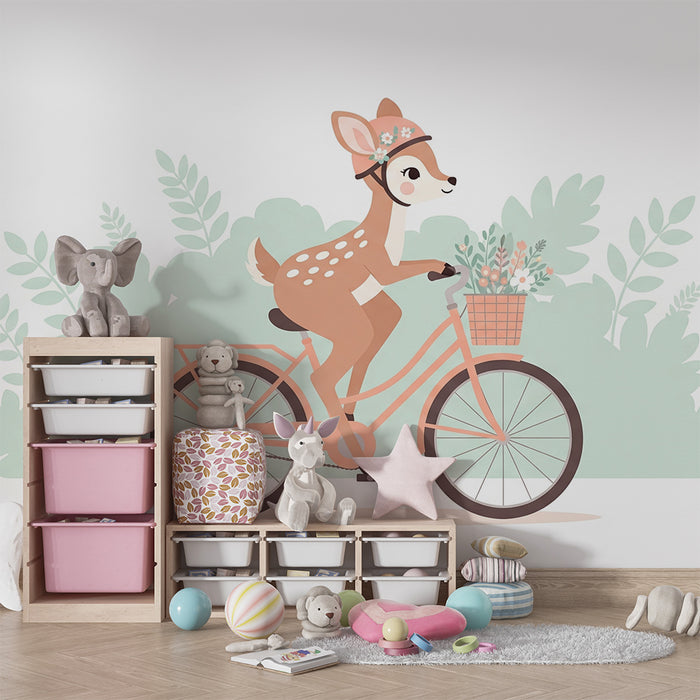 Papier de parede za bebe | Mali jelen na biciklu s cvijećem