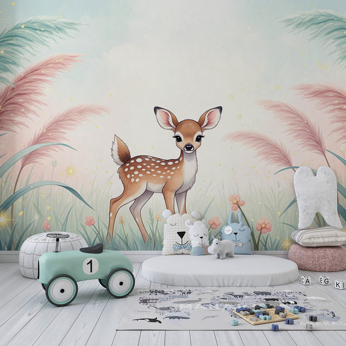 Barntapet | Liten rådjur i en äng av pastellblommor och gräs