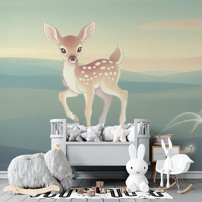 Papel de parede quarto bebê | Pequeno veado em uma paisagem suave e tranquila