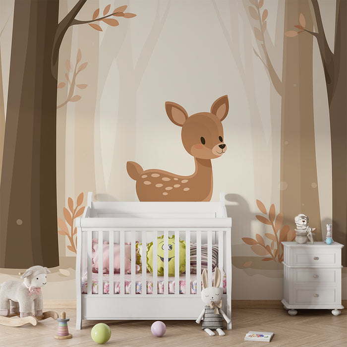 Papel de parede quarto bebê | Pequeno cervo em uma floresta suave e calmante