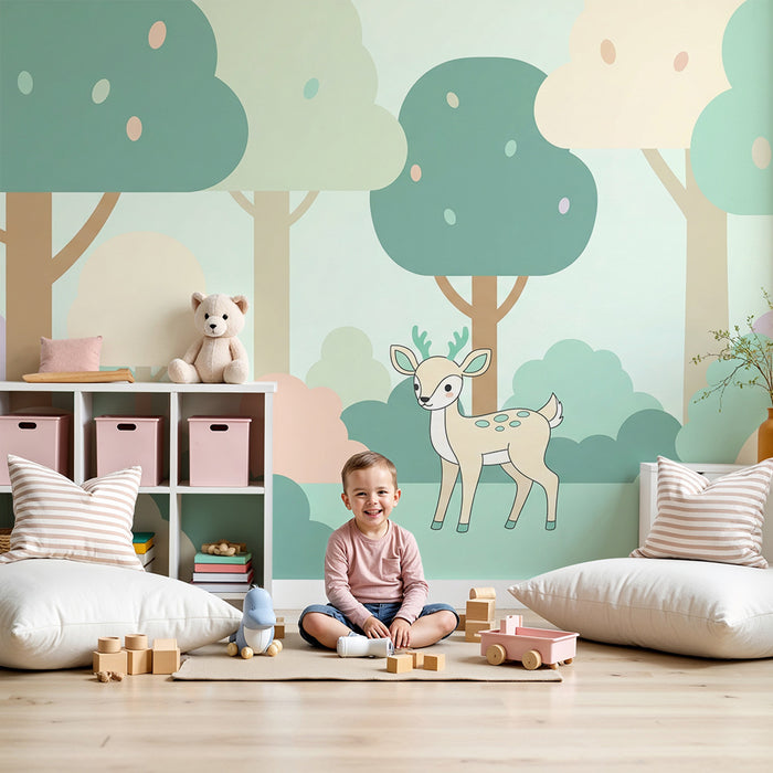 Papier de parede pre detskú izbu | Malý jeleň v jemnom a farebnom lese