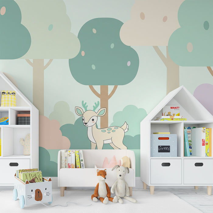 Papier de parede pre detskú izbu | Malý jeleň v jemnom a farebnom lese
