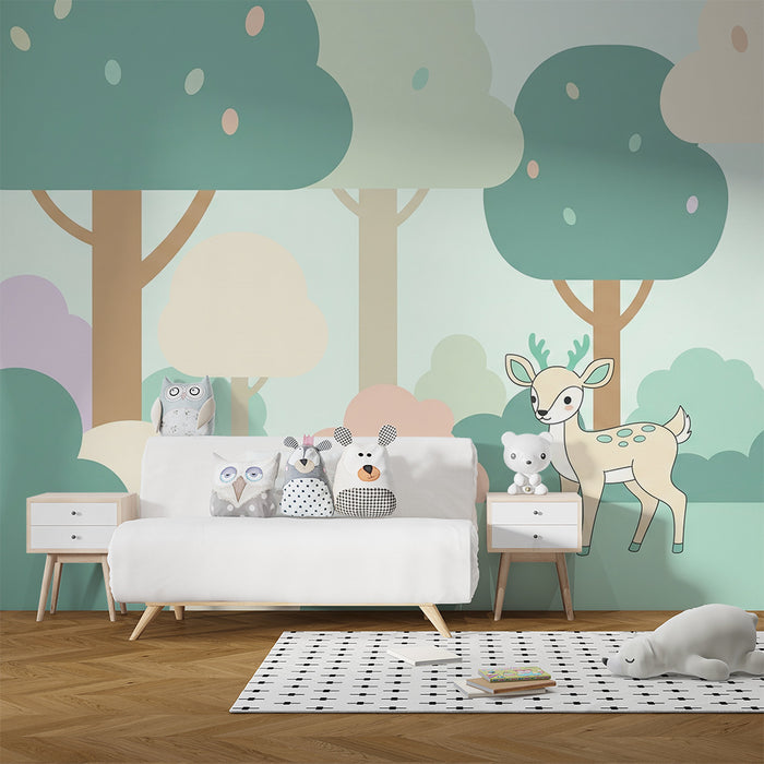 Papier de parede pre detskú izbu | Malý jeleň v jemnom a farebnom lese
