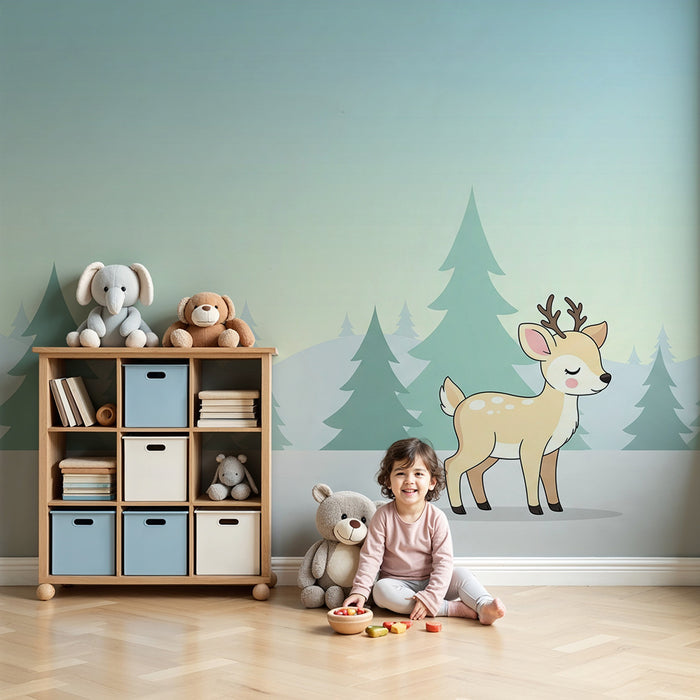 Papel de parede quarto bebê | Pequeno cervo em uma floresta encantada