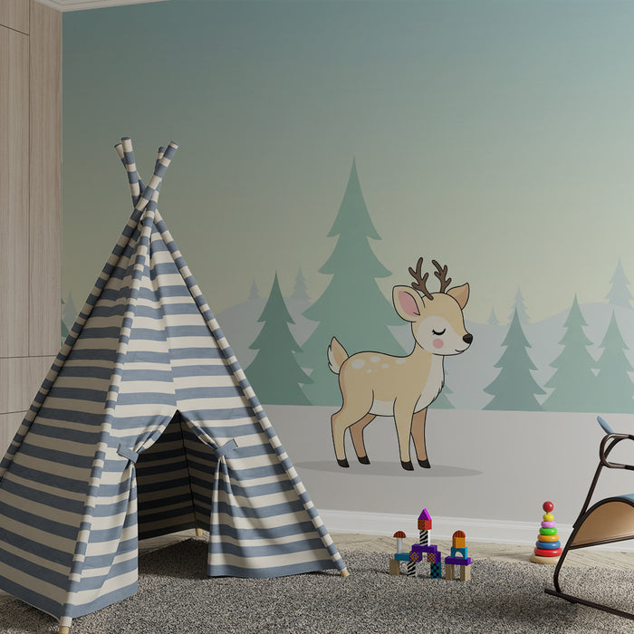 Papel de parede quarto bebê | Pequeno cervo em uma floresta encantada
