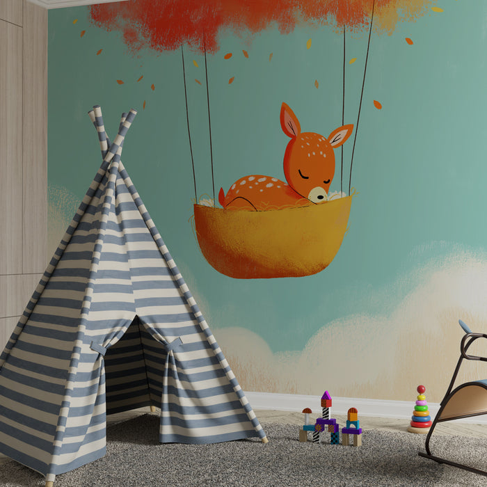 Babykamer behang | Slapend hertje in de wolken