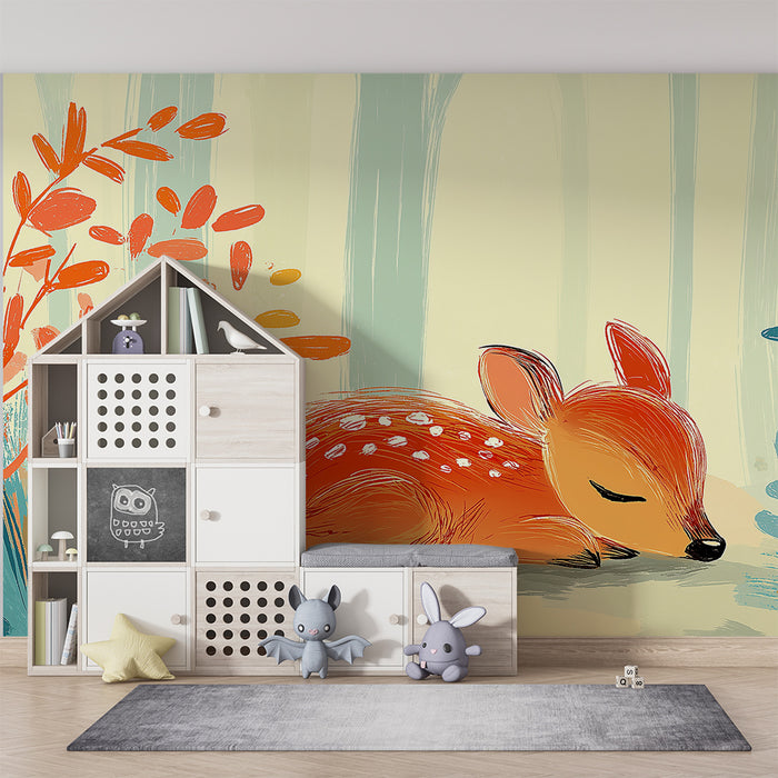 Barntapet | Liten sovande rådjur omgivet av färgglada löv