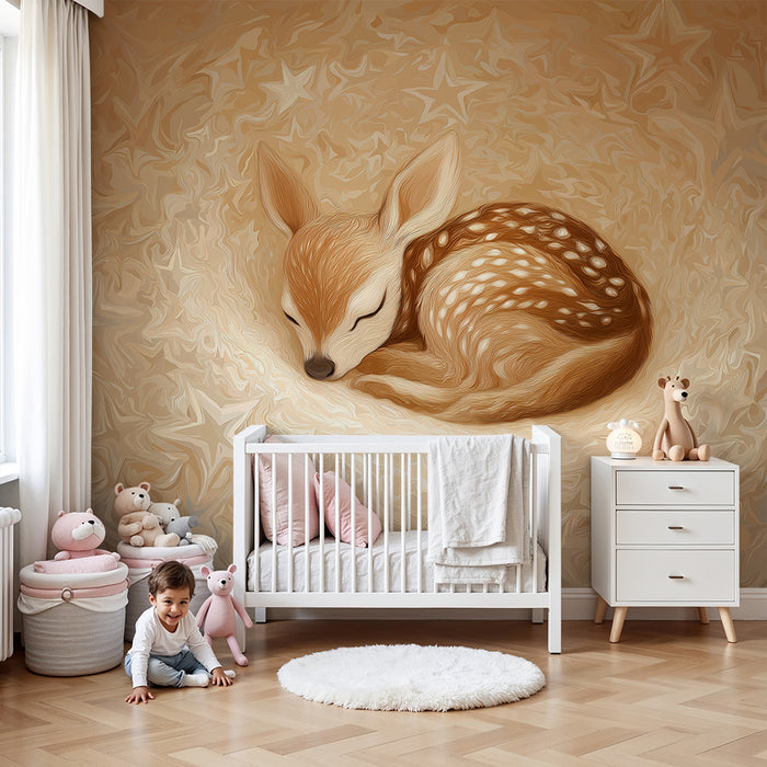 Babykamer behang | Kleine slapende hertje tussen de gouden sterren