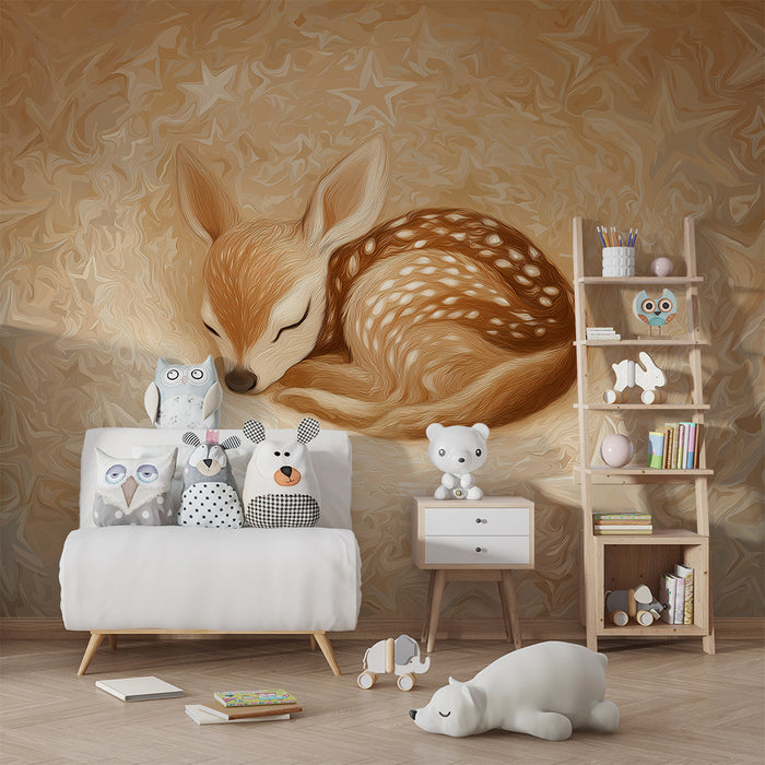 Babykamer behang | Kleine slapende hertje tussen de gouden sterren