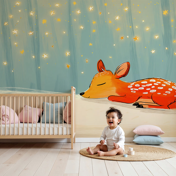 Lastenhuoneen tapetti | Pieni uinuva peura tähtien alla