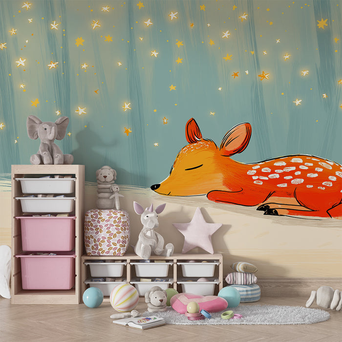 Lastenhuoneen tapetti | Pieni uinuva peura tähtien alla