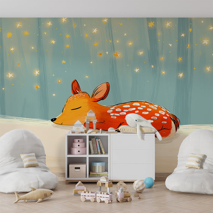 Lastenhuoneen tapetti | Pieni uinuva peura tähtien alla