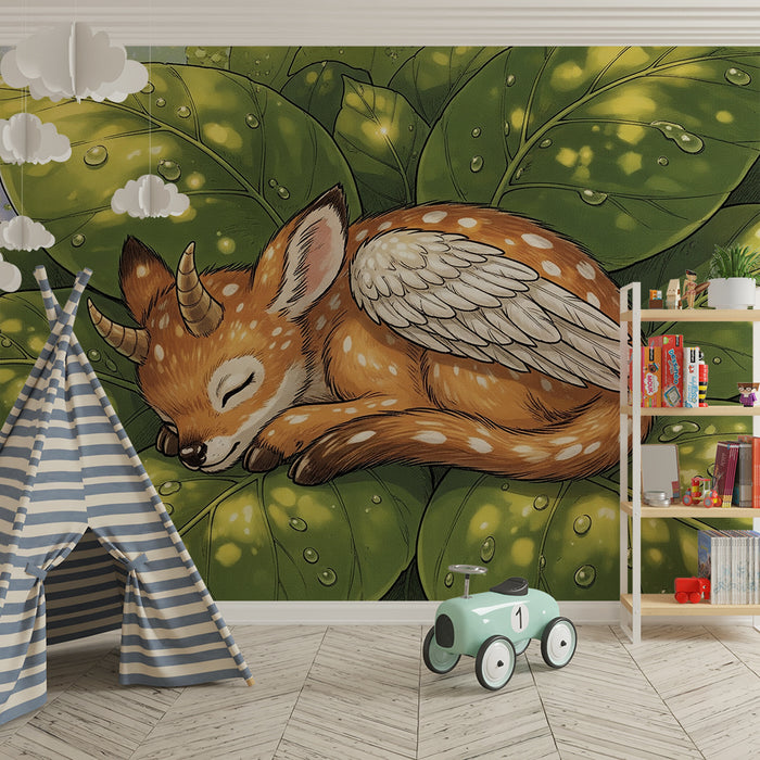 Papel pintado habitación bebé | Pequeño cervatillo dormido sobre hojas frondosas