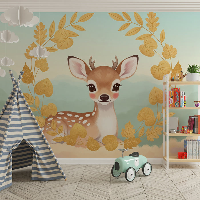 Paberi tapeet beebitoa jaoks | Väike põhjapõder ümbritsetud kuldsetest lehtedest õrnas maastikus