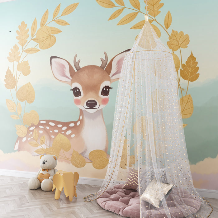 Paberi tapeet beebitoa jaoks | Väike põhjapõder ümbritsetud kuldsetest lehtedest õrnas maastikus