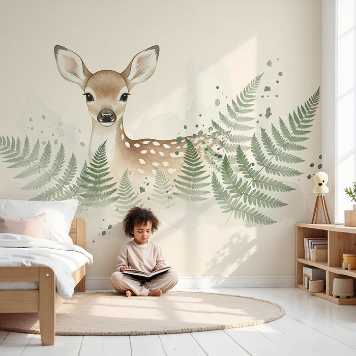 Papier peint chambre bébé | Petit faon entouré de fougères délicates