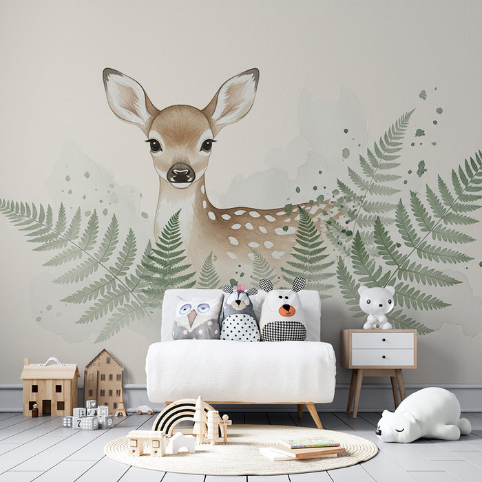 Papier peint chambre bébé | Petit faon entouré de fougères délicates