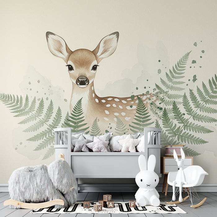 Papier peint chambre bébé | Petit faon entouré de fougères délicates
