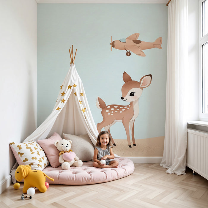 Papel de parede quarto bebê | Mali jelen i avion na nebu