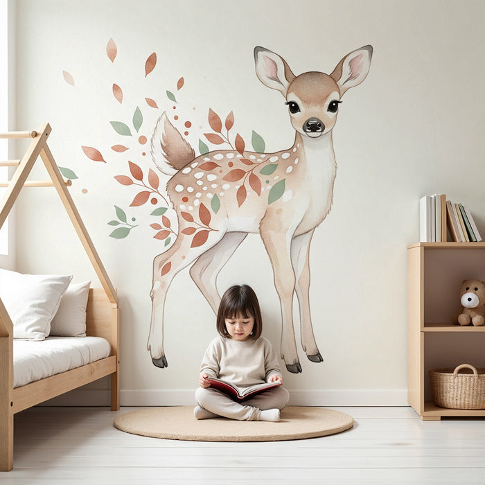 Papel de parede quarto bebê | Pequeno cervo e folhagem delicada