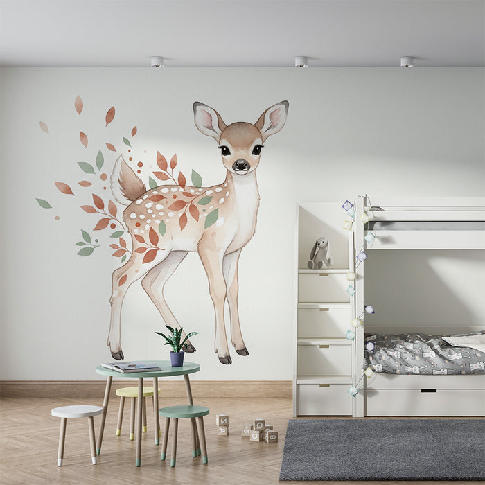 Papel de parede quarto bebê | Pequeno cervo e folhagem delicada