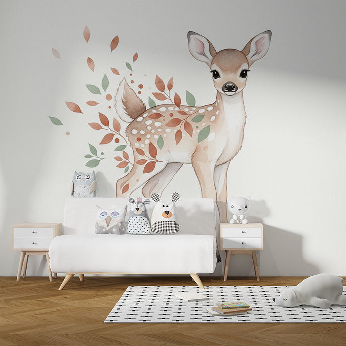 Papel de parede quarto bebê | Pequeno cervo e folhagem delicada
