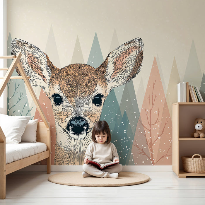 Papel pintado infantil | Pequeño ciervo y bosque encantado