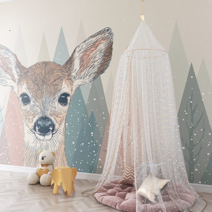 Papel pintado infantil | Pequeño ciervo y bosque encantado