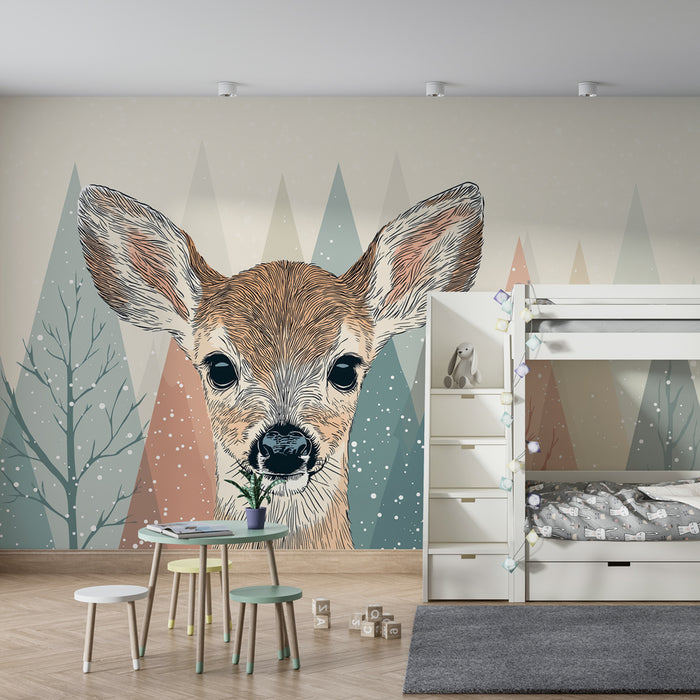 Papel pintado infantil | Pequeño ciervo y bosque encantado