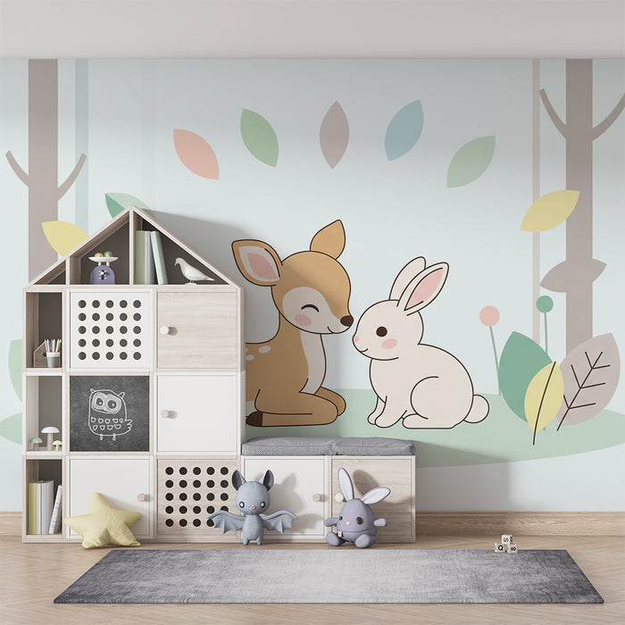 Papel de parede quarto bebê | Pequeno veado e coelho em uma floresta suave