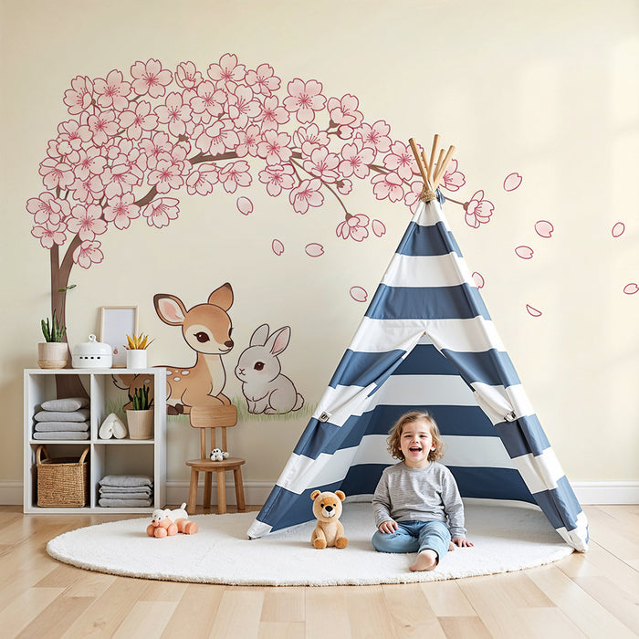 Tapet barnerom | Liten hjort og kanin under et blomstrende kirsebærtre