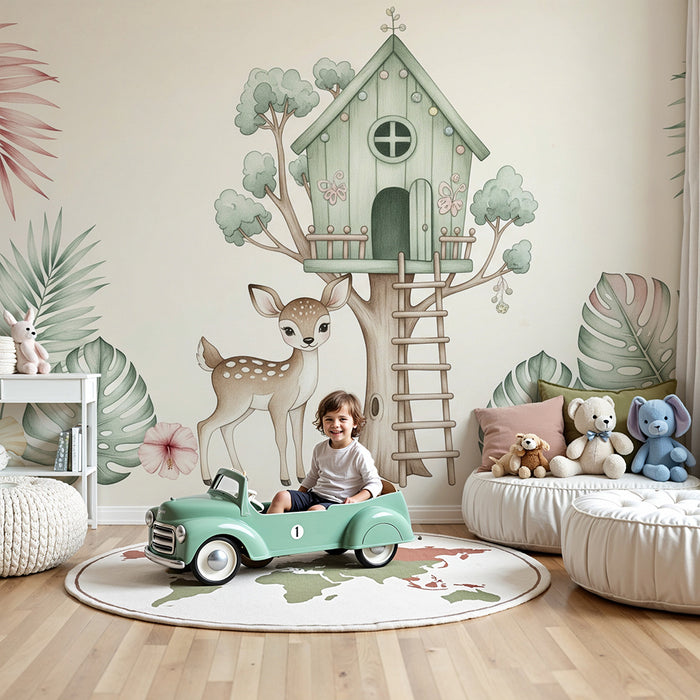 Papier peint chambre bébé | Petit faon et maison dans les arbres