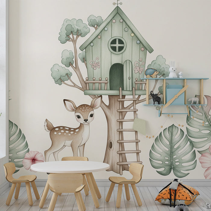 Papier peint chambre bébé | Petit faon et maison dans les arbres