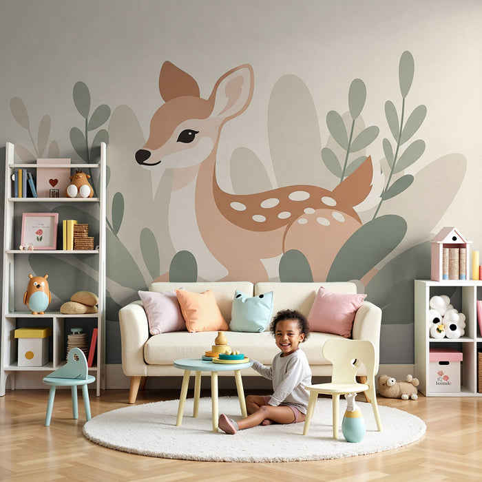 Børneværelse tapet | Lille hjort blandt bløde blade