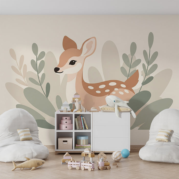 Børneværelse tapet | Lille hjort blandt bløde blade
