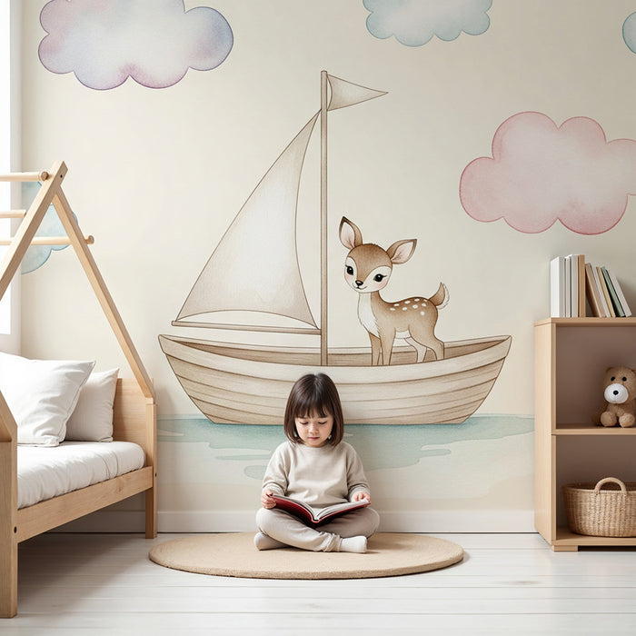 Papel de parede quarto bebê | Pequeno veado em um barco nas nuvens