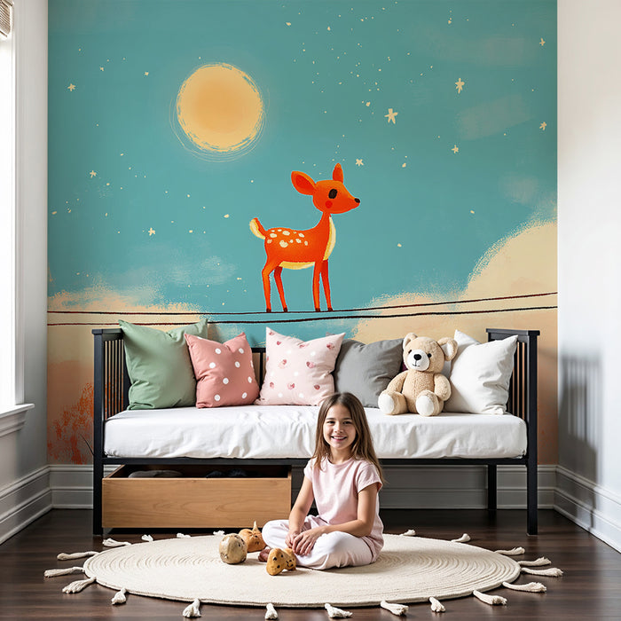Papier peint chambre bébé | Petit faon sur un fil sous un ciel étoilé