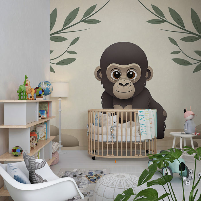 Babyværelses tapet | Søde lille gorilla omgivet af blade
