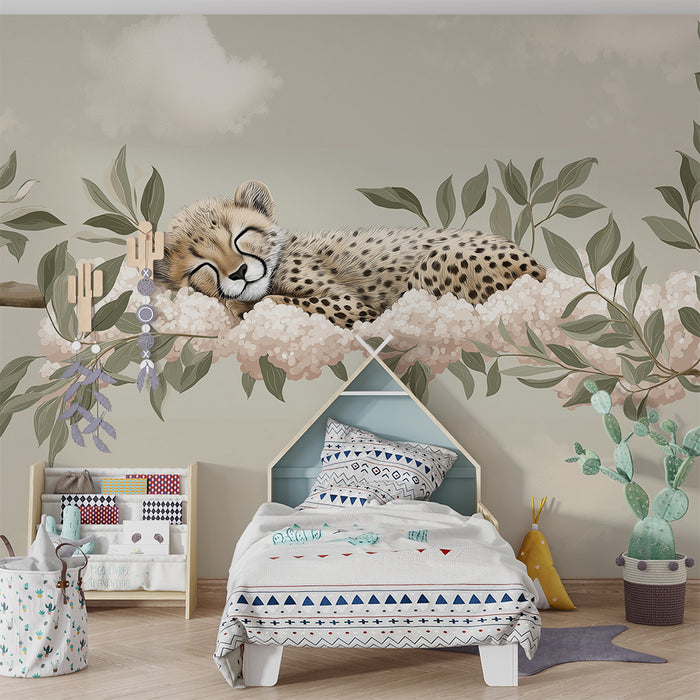 Papier peint chambre bébé | Petit guépard endormi sur une branche florale