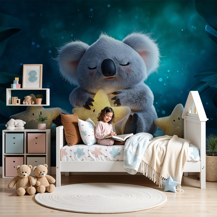 Babyzimmer Tapete | Niedlicher kuschelnder Koala mit leuchtenden Sternen