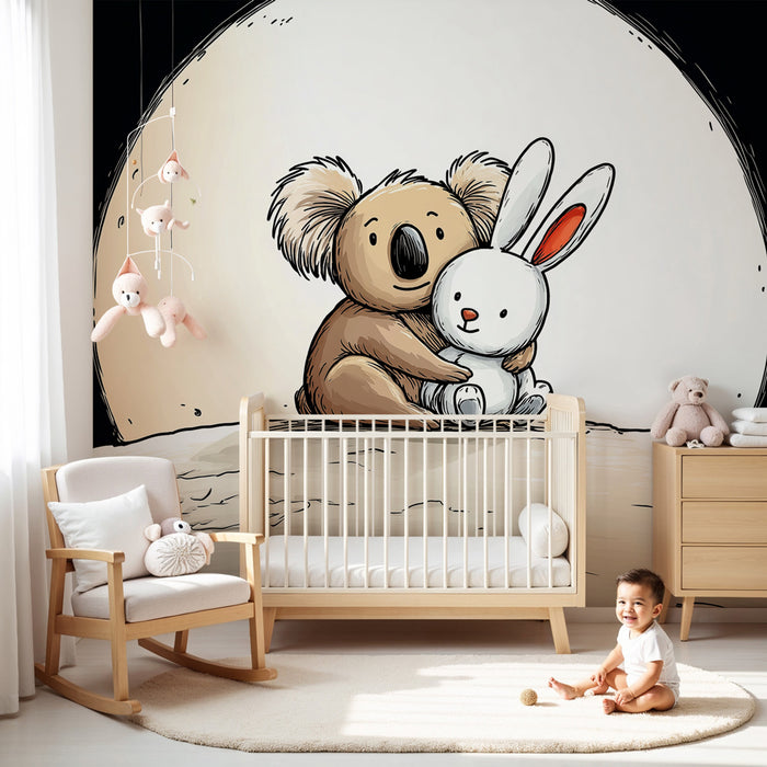 Papier peint chambre bébé | Petit koala et lapin sur la lune