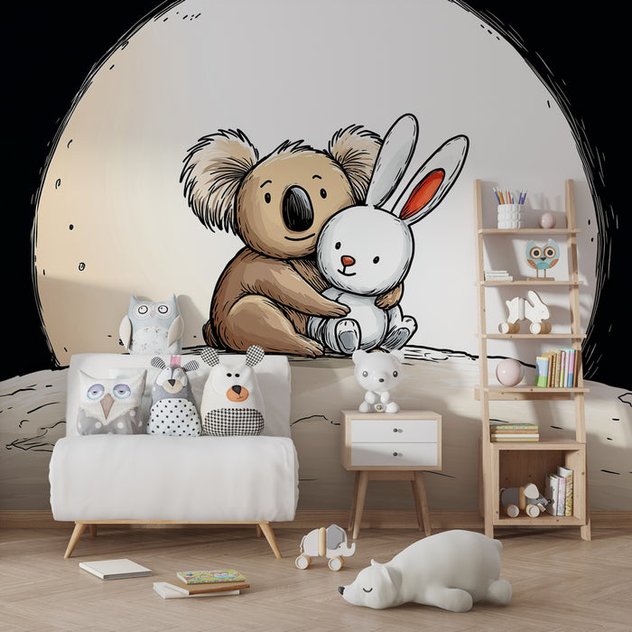 Papier peint chambre bébé | Petit koala et lapin sur la lune